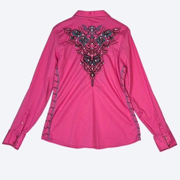 Roar Rodeo Shirt Womens L Pink Western Embellished Rhinestone Cowgirl Colorful - Picture 3 of 10